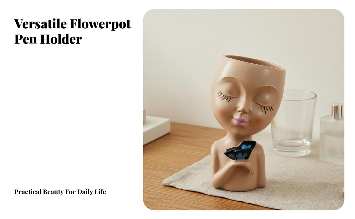 Makeup Brush Pot Multi-Functional Resin Bust Pen Holder Butterfly Accent Abstract Face Vase for Art Lovers, Living Room, Vanity Table, Office Desk