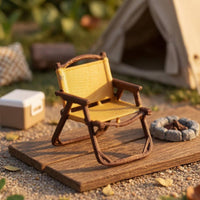 1:64 Scale Miniature Camping Chair Yellow Miniature Folding Chair Brown Frame Folding Seat Model Armrests for Scene Decoration