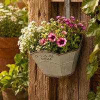 Attached Hook Wall Mounted Flower Pot Rustic Vintage Wall Hanging Planter Embossed Markings Iron Flower Pot Flared Top