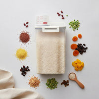 Moisture-Proof Rice Storage Bin with Measuring Cup Clear Visibility Airtight Grain Container Mess-Messless Pouring for Kitchen Cabinet