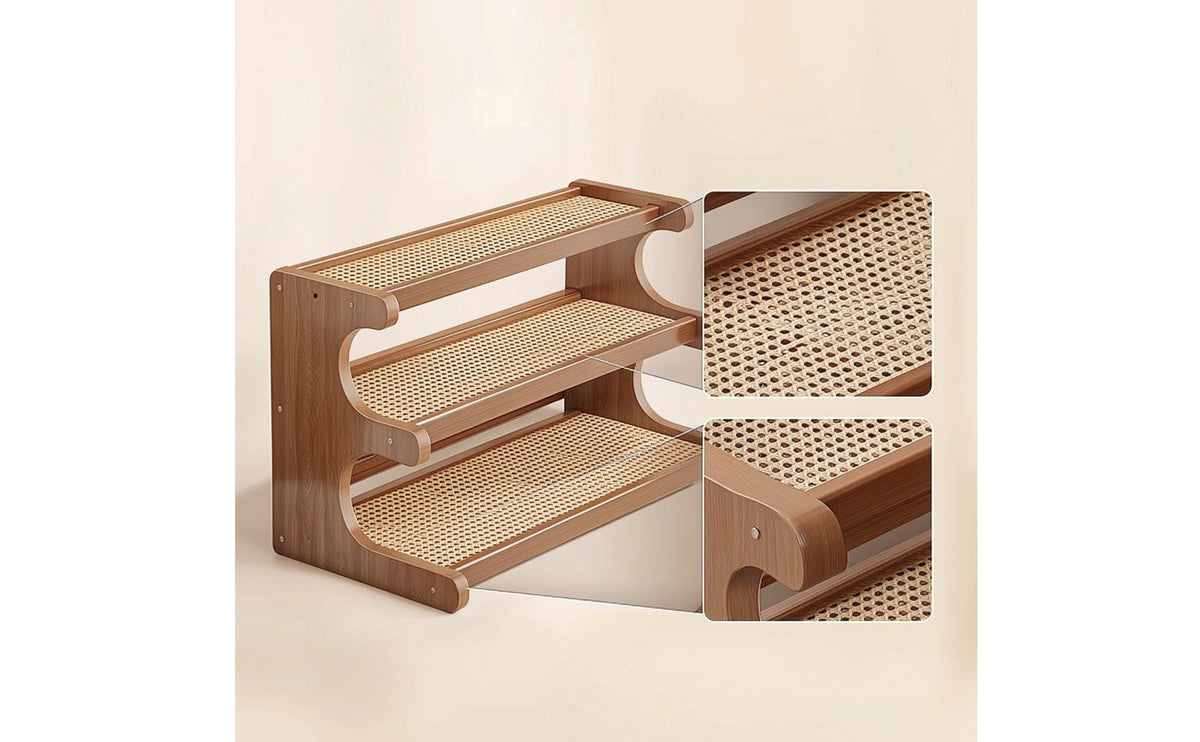 Wood-Grain Tabletop Storage Shelf Open-Structure Desk Shelf with Rattan Space-Saving Desktop Bookshelf Compact for Sideboard, Tea Corner
