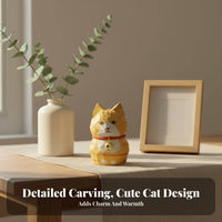 Hand Carved Cat Figurine Good Luck Charm Lucky Cat Wood Carving Feng Shui Wooden Kitten Statue for Art Enthusiasts, Adults, Living Room, Bedroom, Desk