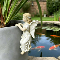 Resin Angel Flower Pot Figurine Feathered Wings Rim Perch Figurine Long Wavy Hair Flower Pot Hanger Draped Dress for Patio, Balcony