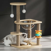 Space Capsule Cat Bed Wood Cat Climbing Frame with Turntable Toy, Multi Level Activity Center for Adult Indoor Cats and Small Kittens Pets