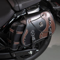 Retro Motorcycle Saddlebags PU Leather Motorcycle Bags with Chains Hard-Shell Side Luggage Shielding for Bikers, Cruiser Riders, Motorcyclists, Touring, Road Trips, Commuting