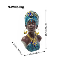 Blue Patterned African Woman Bust Sculpture Dark Brown Resin Decorative Bust Textured African Female Sculpture Gold-Tone