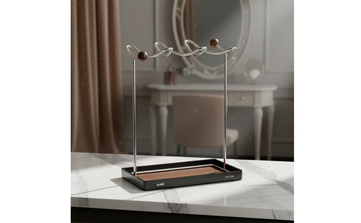 Jewelry Stand Tabletop Jewelry Organizer with Tray Desktop Necklace Holder with Wood Base for Vanity, Bedside Table