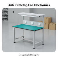 Heavy-Duty Construction Anti-Static Workbench with Light Adjustable Feet Electronics Assembly Station Resistant Workspace Repair Bench with Power Outlets for Technicians, Factory Workers, Engineers, Workshop, Workspace Oratory, Warehouse