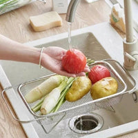 Extendable Dish Rack and Kitchen Sink Drainer, Stainless Steel Fruit Drain Basket and Vegetable Colander, Over Sink Space Saving Modern Style