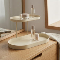 Two-Tier Storage Rack Iron Metal Tray Shelf Stand Leather-Like Lining Cosmetic Display Rack for Desktop