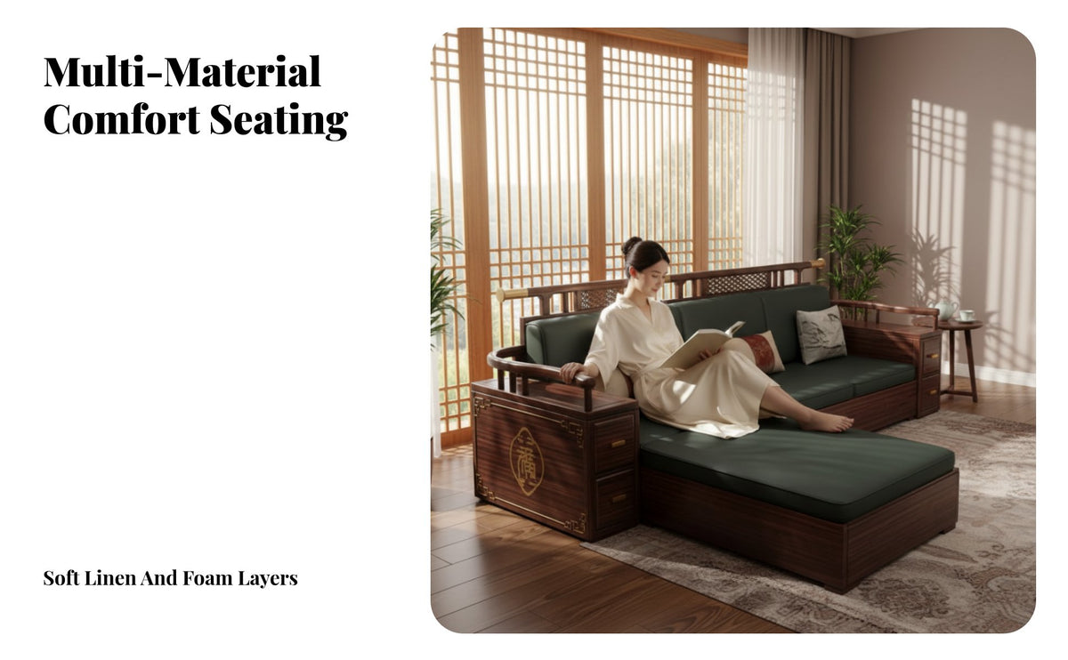 L-Shaped Sectional Couch New Chinese aesthetic L-Shaped Sofa with Storage Ottoman sturdy Wood Frame Living Room Furniture for Families, Apartment Dwellers