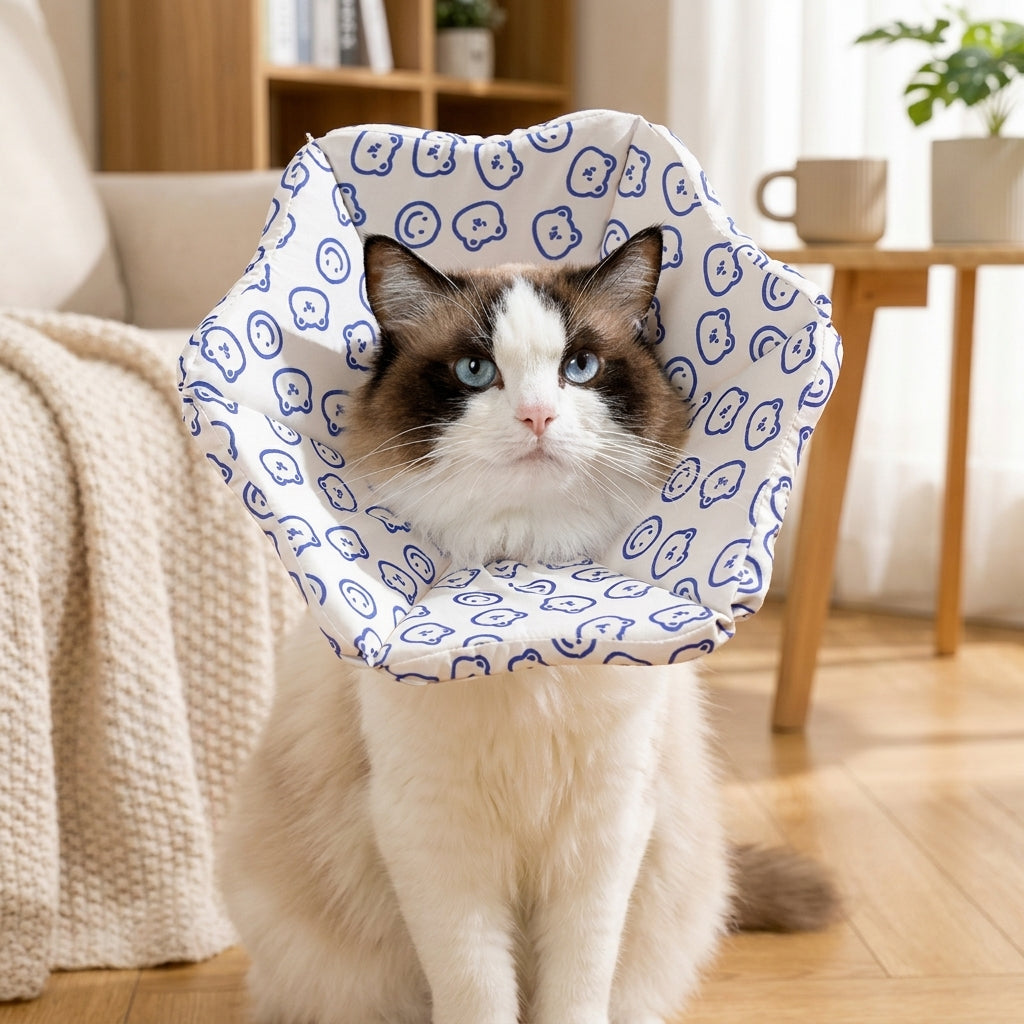 Textile Pet Cone with Cartoon Pattern, Adjustable Drawstring Dog Cone and Cat Cone, Grooming Tool to Stop Licking Recovery