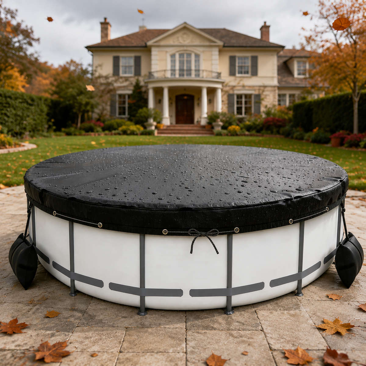Sturdy Duty Pool Cover, Round Hot Tub Cover 20cm High, Black Oxford Cloth Waterproof Dustproof Winter Pool Cover