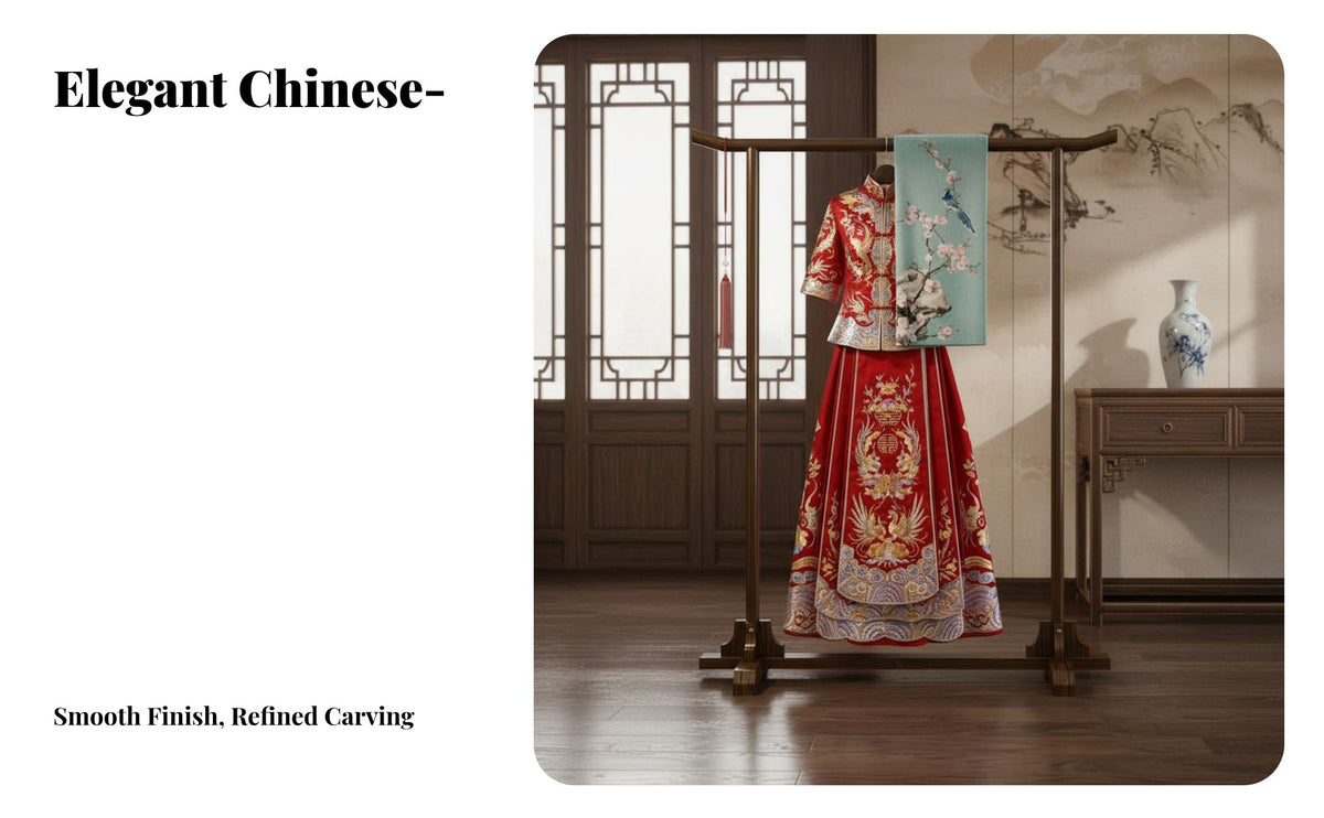 Solid Wood Chinese Design Clothing Rack Sturdy Construction Antique Design Garment Stand Stable and Long-Lasting Wooden Clothes Stand Multifunctional for Homeowners, Hotel Owners, Bridal Shop, Retail Shop, Hallway, Apartment