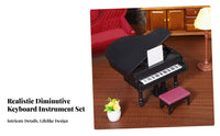 Photography Prop Dollhouse Piano with Bench Realistic Design Miniature Piano and Stool Set Opening Lid Toy Musical Instrument Lightweight for Collectors, Hobbyists, Kids, Room Decoration