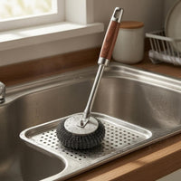 Replaceable Head Kitchen Pot Brush Wooden-Grain Handle Wire Scouring Brush Heavy Duty Stainless Steel Scrubber Grease Removal