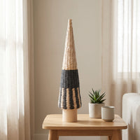 Woven Cone Tree with Wooden Base Minimalist Christmas Tree Decoration Rustic Holiday Accent Handmade for Windowsill