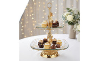 Double-Layer Fruit Stand with Glass Trays Gold-Tone 2-Tier Serving Stand European-Style Ornate for Hosts, Brides, Party, Wedding, Living Room