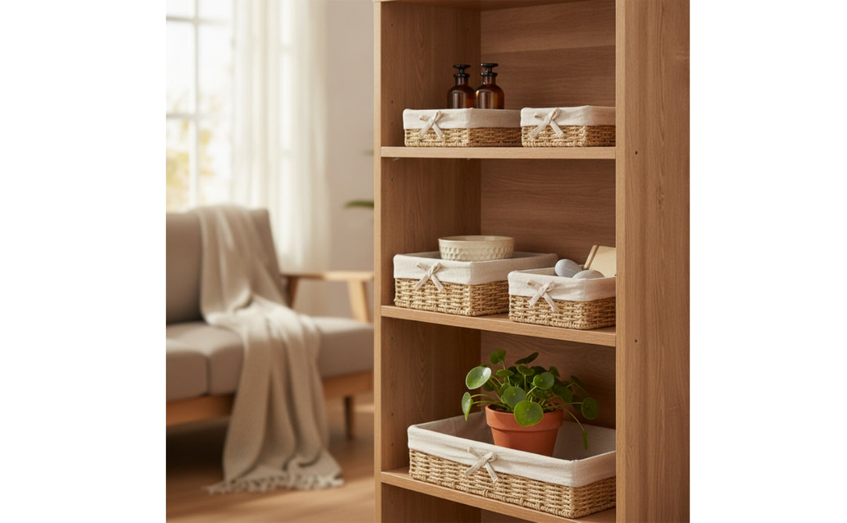 4 Pieces Woven Container Basket with Textile Trim Decorative Wicker Basket Handwoven Wicker Storage Tray for Cabinets