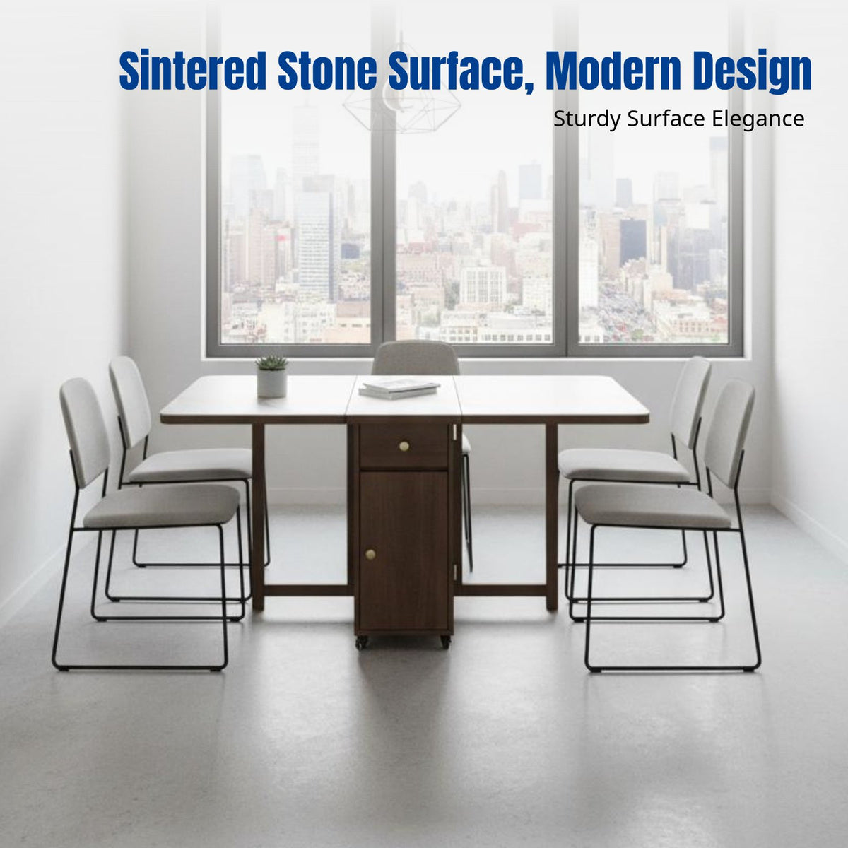 Sintered Stone Folding Dining Table, Space-Saving Extendable Rectangular Table, Multifunctional Mobile Design for Small Apartments