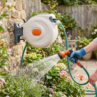 Automatic Wall-Mounted Retractable Hose Reel Space-Saving Garden Hose Reel with Swivel Bracket for Gardeners, Homeowners, Yard, Patio