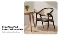 Retro Design Woven Back Armchair Handmade Weaving Cane Back Armchair Upholstered Cushion Dining Seat Breathable Backrest for Interior Designers, Homeowners, Business Owners, Restaurant, Living Room, Kitchen, Bedroom