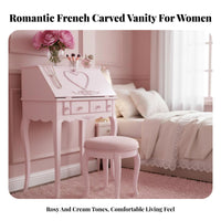French design Carved Dressing Table with Stool and Mirror Princess Theme Vanity Set Floral Carvings Bedroom Furniture Space-Saving for Teenage Girls, Makeup lovers, Teenagers, Small Apartment, Dorm Room