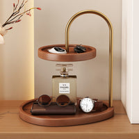 Wood-Grain 2 Tier Storage Rack Gold-Toned Two-Tier Storage Rack Curved Metal Tabletop Display Stand Raised Rim for Dresser, Entryway