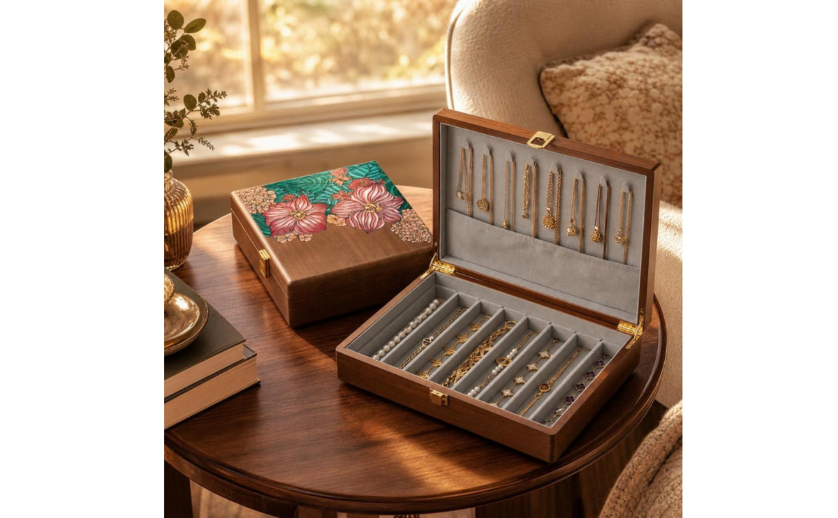 Wooden Jewelry Box Solid Wood Jewelry Box with Hooks Divided for Women, Dresser, Vanity