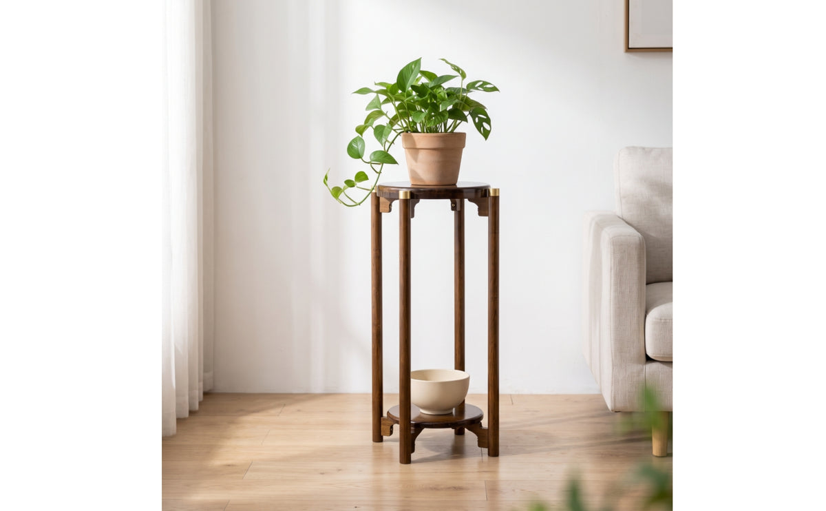 Round Bamboo Plant Stand Indoor Two-Tier Plant Stand Compact Furniture Sturdy for Living Room