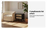 Japanese aesthetic Bedside Cabinet with Rattan Drawer Woven Front Rattan Drawer Nightstand durable Wood Legs End Table Vintage Inspired for Apartment Dwellers, Homeowners, Young Adults, Bedroom, Small Spaces, Guest Room, Home Office