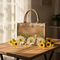 Textured Tote Bag with Floral Decoration Lightweight Tote Bag with Lace Trim Rustic Portable for Brides