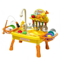 Detachable Legs Duck Theme Sink Playset Dish Rack Toy Dishwashing Sink Hanging Utensil Hooks Electric Faucet Toy Storage Baskets for Children