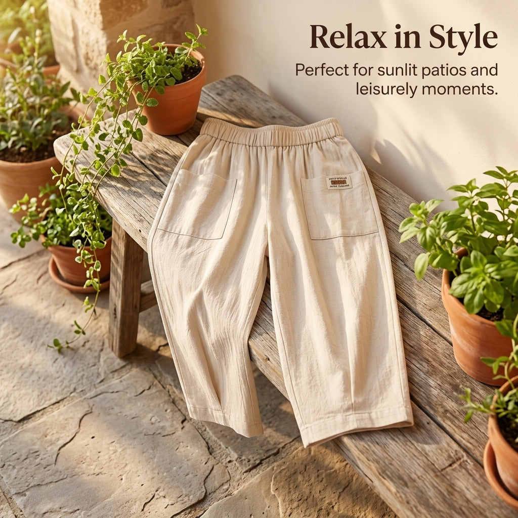 Linen Trousers Womens Harem Pants with Elastic Waistband, Loose Fit Cropped in Blend Material, Casual Summer Wear with Tapered Leg
