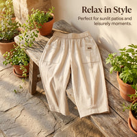 Linen Trousers Womens Harem Pants with Elastic Waistband, Loose Fit Cropped in Blend Material, Casual Summer Wear with Tapered Leg