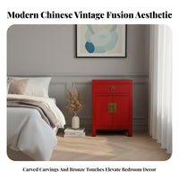 Modern Chinese Design Distressed cream 2-Drawer End Table Handmade Nightstand Vintage aesthetic Bedside Cabinet Fully Assembled for residents, Adults, Living Room, Hallway, Office