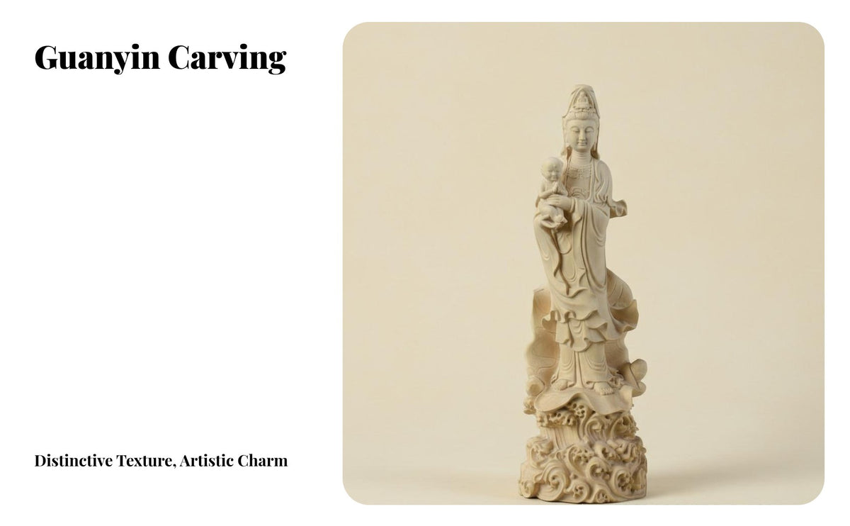 Chinese Design Guanyin Holding Child Statue Finely Carved Child-Giving Kuan Yin Carving Decorative Ornament Thuja Wood Deity Statue for Art Collectors, Spiritual Seekers, Home Decorators, Living Room, Meditation Space, Office