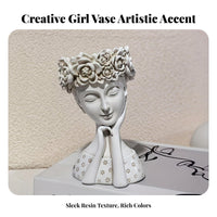 Cute Design Resin Head Planter Artistic Sculpture Girl Bust Planter Elegant Design for Gardeners, Living Room, Entrance Hall, Bookshelf