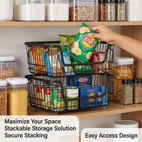 Kitchen Storage & Organisation Wire Baskets with Handles for Shelves, Stackable Metal Bins for Cupboards and Countertops