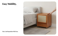 Mobile with Wheels Rattan Nightstand Narrow Design Rolling Rattan-Front Cabinet Small Footprint Bedroom Furniture Solid Wood Legs for Apartment Dwellers, Homeowners, Students, Dorm Room, Hallway, Away Ice