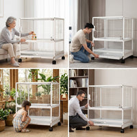 Stackable Bird Cage with Wheels, 2-Tier Metal Large Parrot Cage, Easy to Clean Panoramic Transparent Habitat for Universal Bird Species, 2 Doors