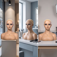 Mannequin Head with Shoulders Realistic Female Mannequin Bust Bald Hairpiece Display Head for Cosplayers, Jewelers