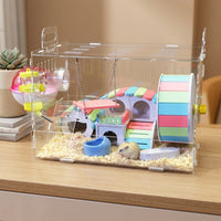 Transparent Hamster Cage Villa, Large Acrylic Multi Level Habitat for Dwarf Pet Mice, Interactive Hamster Cage with Wheel and Ramp Accessory