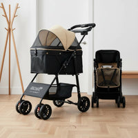 Foldable Folding Pet Stroller Breathable Mesh 4-Wheel Pet Jogger Long-Lasting PU Wheels Collapsible Pet Pushchair Large Space for Elderly Pets