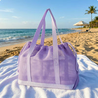 Double Shoulder Handles Mesh Drawstring Tote Bag Lightweight Drawstring Mesh Tote Reinforced Base Portable Carrier Large Capacity