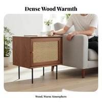 Solid Wood Construction Rattan Door Nightstand Japanese Inspired Design Bedside Table Vintage Design Storage Furniture Minimalist for Homeowners, Apartment Dwellers, Students, Bedroom, Living Room, Entryway, Home Office