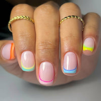 Nails French Tip with Rainbow Stripes, Short Square False for Weddings and Parties, Reusable Artificial with Jelly Glue and Included