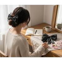 Mesh Pearl Black Bow Hair Clip for Women, Elegant Satin Top Clip Hair Accessory