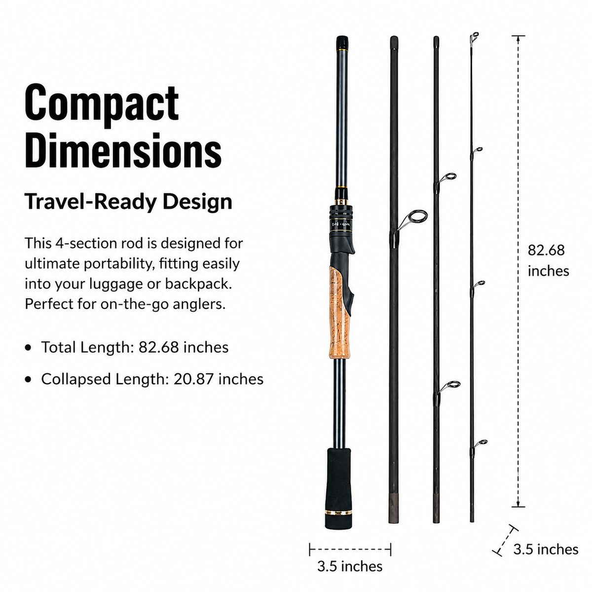 Carbon Fiber Bass Fishing Rod, ML Action Multi Piece Travel Fishing Rod, Portable Four-Section Spinning Rod, Lightweight Easy Transport Rod