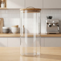 Water Dispenser with Tap, High Borosilicate Glass Drink Dispenser with Bamboo Lid and Wood Stand, Juice Dispenser for Party and Iced Tea Serving